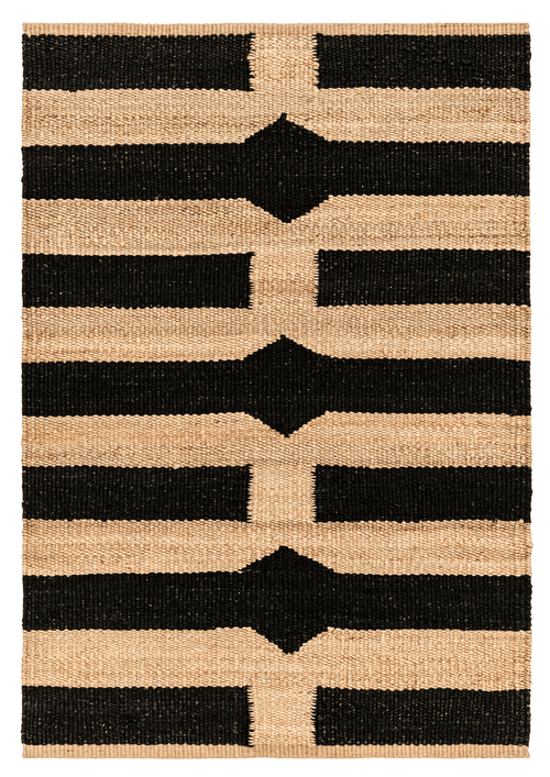 Dhwani handwoven hemp rug in natural and black stripes – sustainable floor decor.

