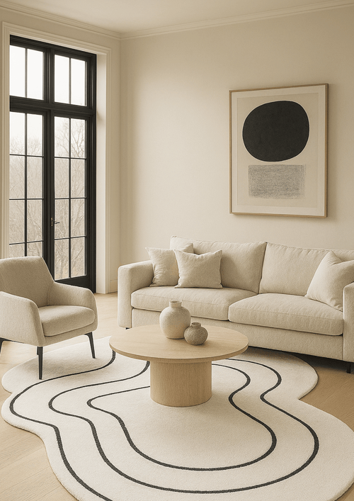 Hand-tufted wool rug in abstract shape with black contour lines on a natural white base – Rekha by HummingHaus - Shop Rugs Online 