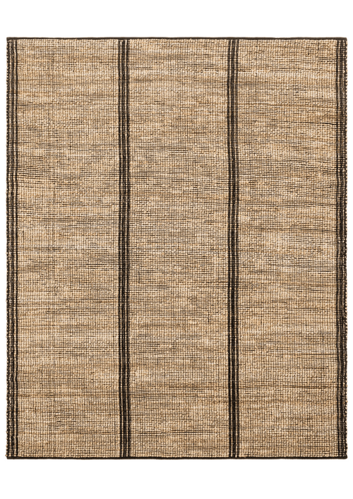 Sutra Dhwani natural and black hemp handwoven rug with bold stripe pattern.

