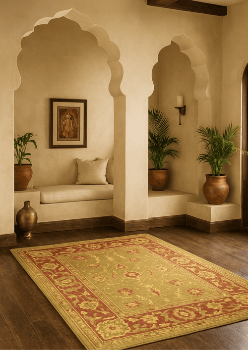 Woolen hand-tufted carpet in royal olive and maroon tones – Haveli Vilas rug