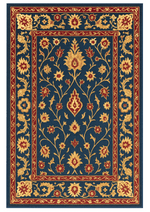 Handmade blue wool carpet with Persian-inspired maroon and gold border