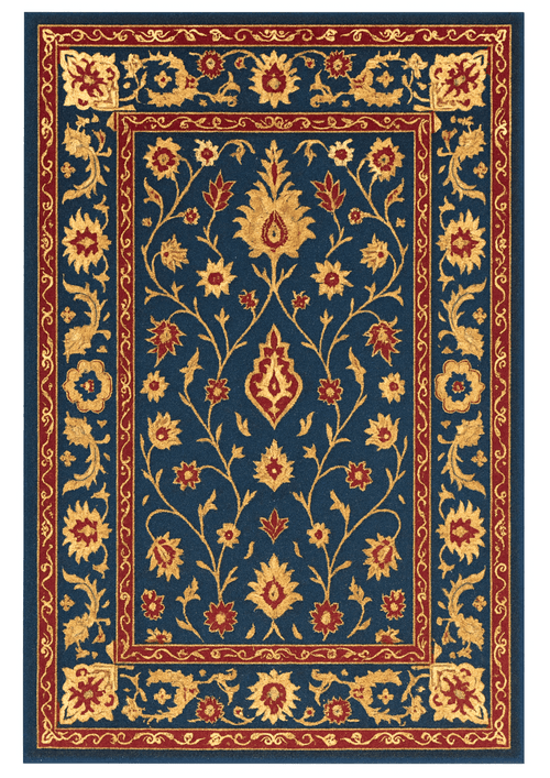 Handmade blue wool carpet with Persian-inspired maroon and gold border
