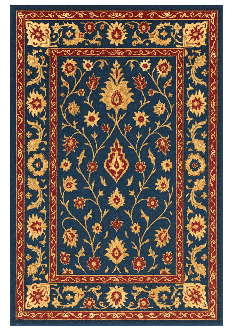 Handmade blue wool carpet with Persian-inspired maroon and gold border