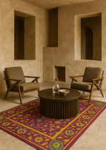 Rajvilas wool handtufted carpet with maroon, gold, and emerald floral design