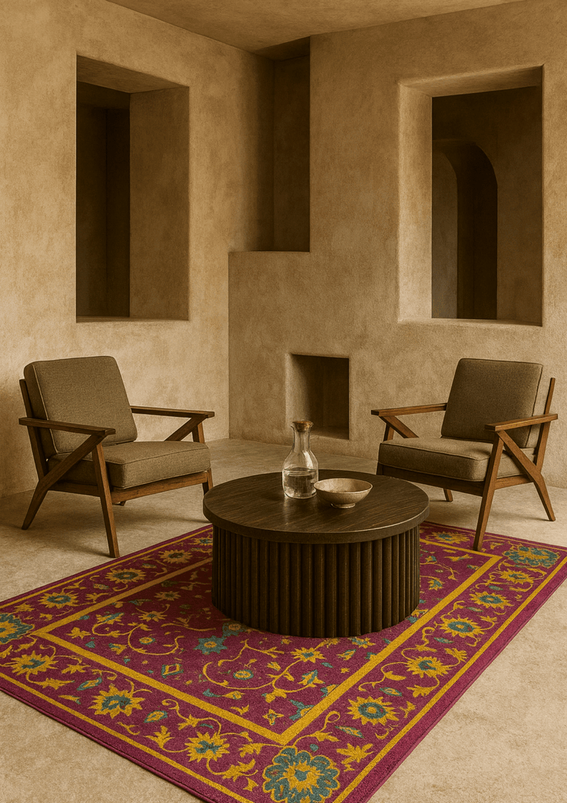 Rajvilas wool handtufted carpet with maroon, gold, and emerald floral design