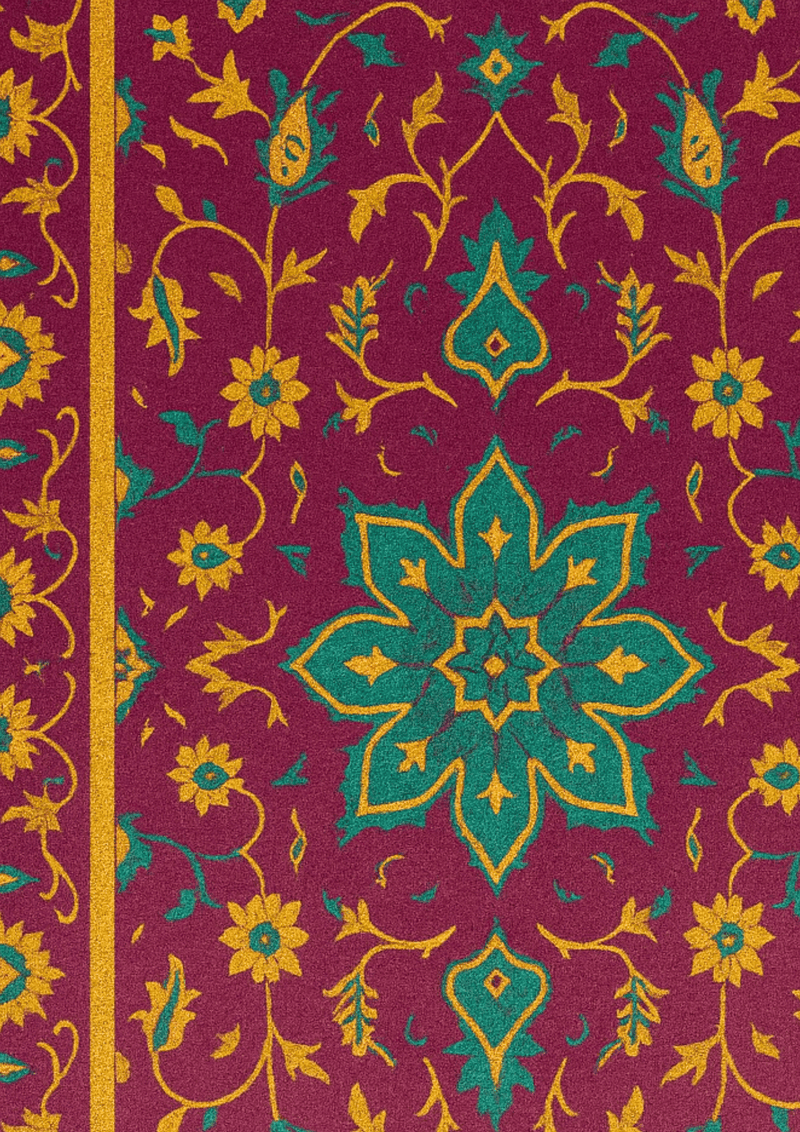 Rajvilas handmade wool rug with regal maroon and golden floral patterns